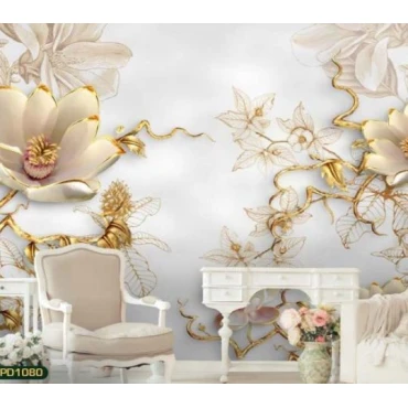 پوستر دیواری گل هلندی و برگ طلایی پشت تلوزیون سه بعدی-کدpd1080