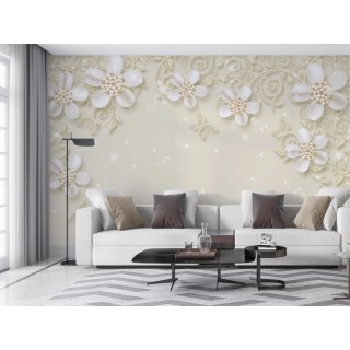 کاغذ دیواری سه بعدی گل های زیبای سفید