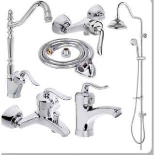 ست شش تیکه شیرآلات مدل قاجاری بامبو به همراه علم دوش شیپوری دوکاره و شلنگ توالت