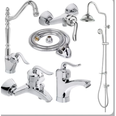 ست شش تیکه شیرآلات مدل قاجاری بامبو به همراه علم دوش شیپوری دوکاره و شلنگ توالت