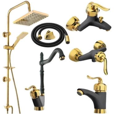 ست 6 تایی شیرآلات قاجاری مشکی طلایی با علم دوش دوکاره و شیلنگ توالت ایران گروه