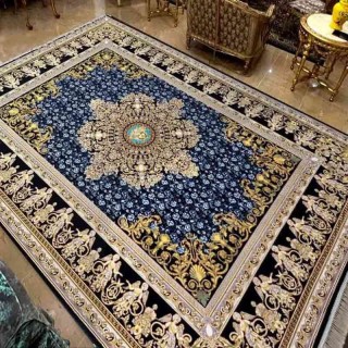 فرش ماشینی 1200 شانه 8 رنگ ورساچه مشکی طلایی فرش سورنا