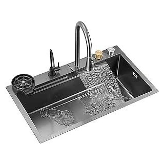 Stainless Steel Sink With Waterfall Spout Black Kitchen Sink Thickened Single Bowl Sink With Cup Washer (Color : Black)