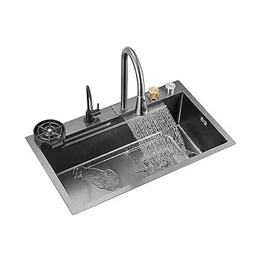 Stainless Steel Sink With Waterfall Spout Black Kitchen Sink Thickened Single Bowl Sink With Cup Washer (Color : Black)