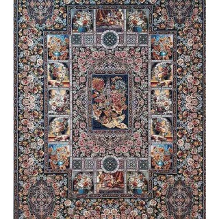 فرش ماشینی 700 شانه تراکم 2550 طرح باغ ارم زمینه سرمه ای