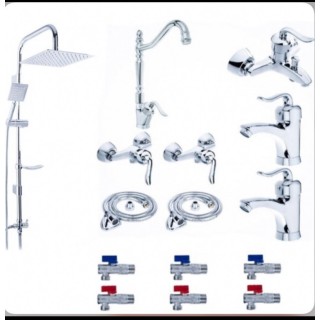 ست ۱۵ تکه شیرآلات مدل بامبو قاجاری رنگ کروم به همراه شیر پیسوال و شیر روشویی و شیر توالت اضافه با علم دوش