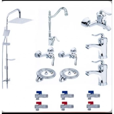 ست ۱۵ تکه شیرآلات مدل بامبو قاجاری رنگ کروم به همراه شیر پیسوال و شیر روشویی و شیر توالت اضافه با علم دوش