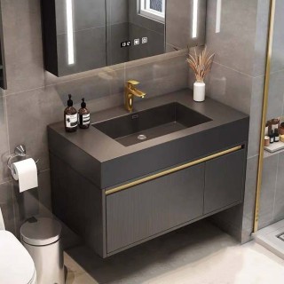 روشویی سرامیکی بلک مات با کابین و نوار طلایی