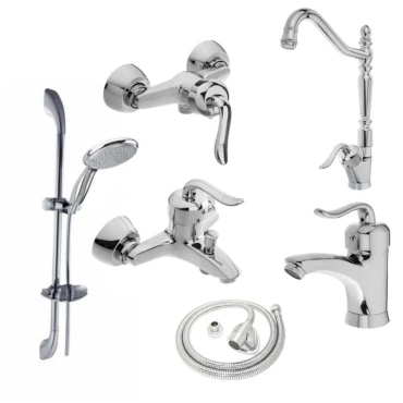 ست شش تیکه شیرآلات قاجاری کروم به همراه علم دوش و شیلنگ توالت