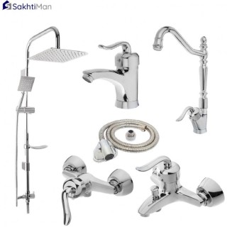 ست شیرآلات فراست پویا مدل قاجاری ۶ عددی کروم همراه با علم دوش دوکاره