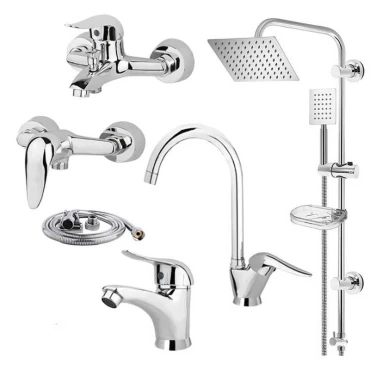 ست کامل شیرآلات مدل اکونومی 6 تکه با علم دوش و شلنگ توالت